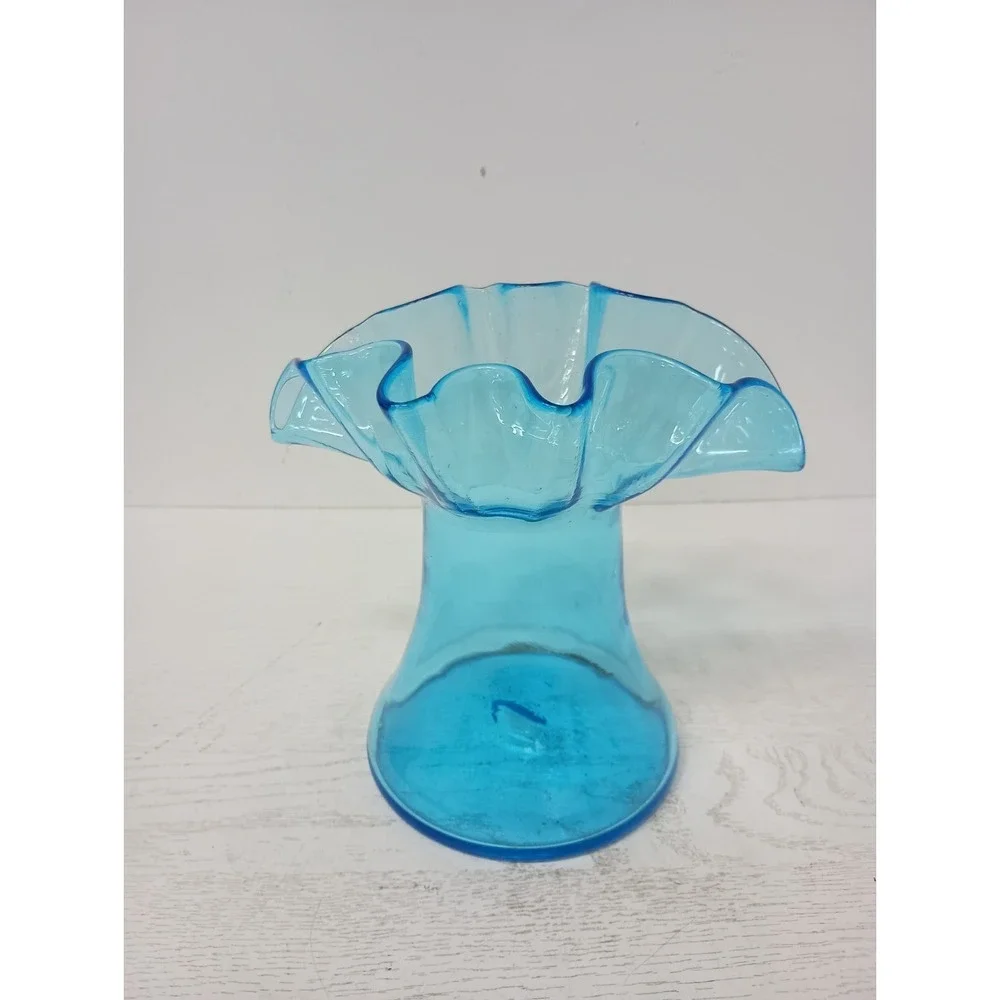 VTG Rainbow Kanawha Blue Glass Vase Ruffle Edge Hand Blown Mid Century Modern - Picture 5 of 10